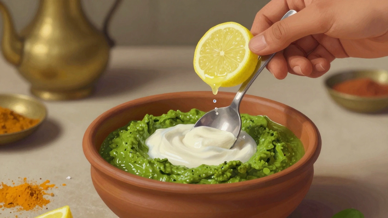 Hand stirring green chutney as salt, yogurt, and lemon blend in harmoniously.