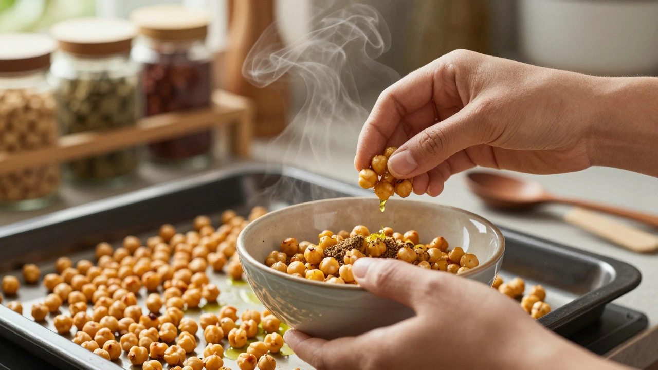 Hands tossing roasted chickpeas with oil and spices, ready for baking in an oven.
