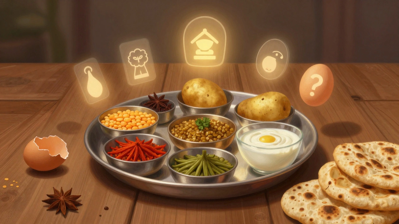 Indian thali with floating icons of ingredients, eggs ambiguously present as shadows.