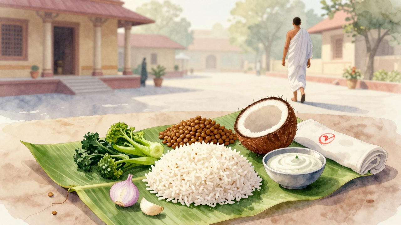 Jain vegetarian meal on banana leaf with no onions, garlic, or dairy, served in a quiet temple courtyard at dawn.
