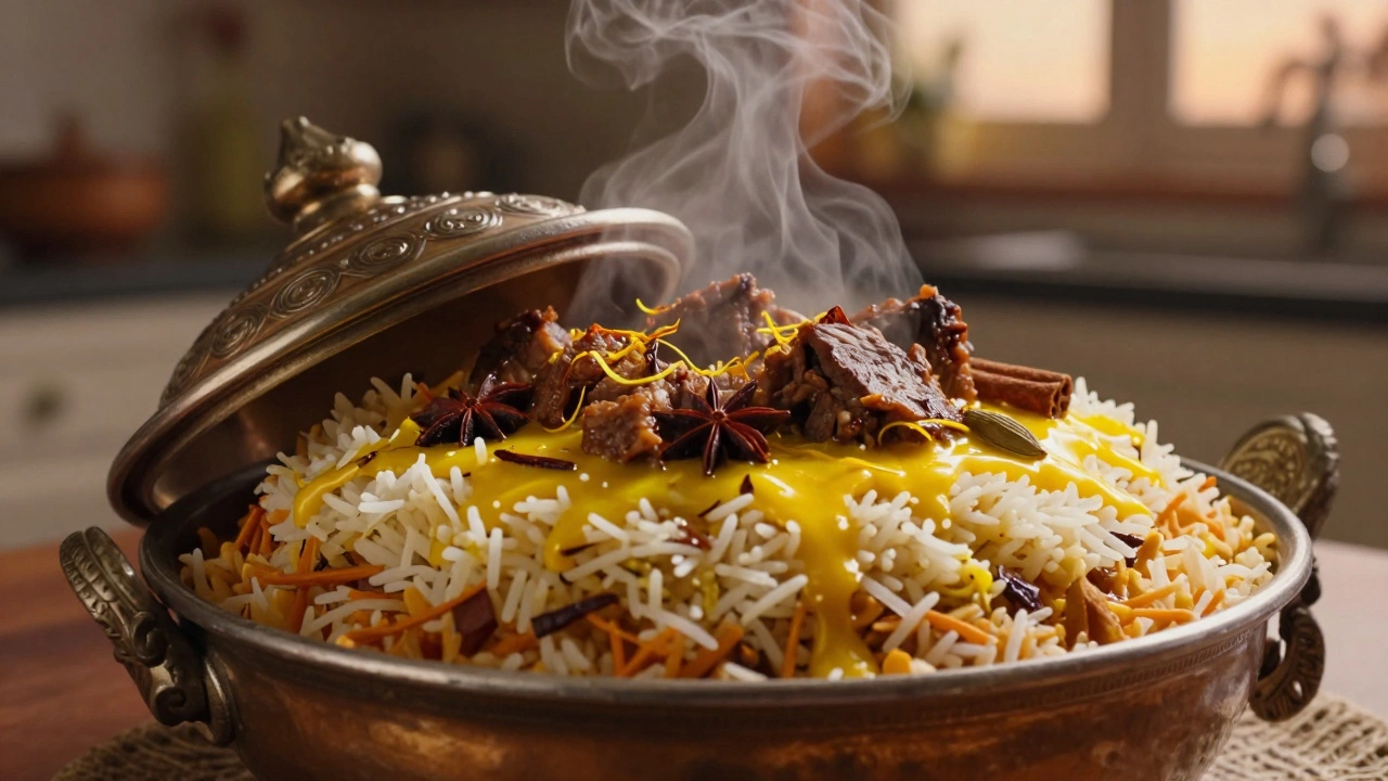 Layered biryani in a dum pot revealing fragrant rice and spices.