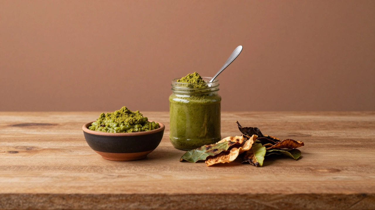 Moringa chutney, powder, and roasted leaves on wooden table.