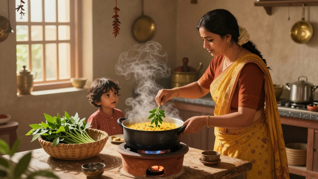 Mother cooking moringa leaves into dal in a traditional Indian kitchen.