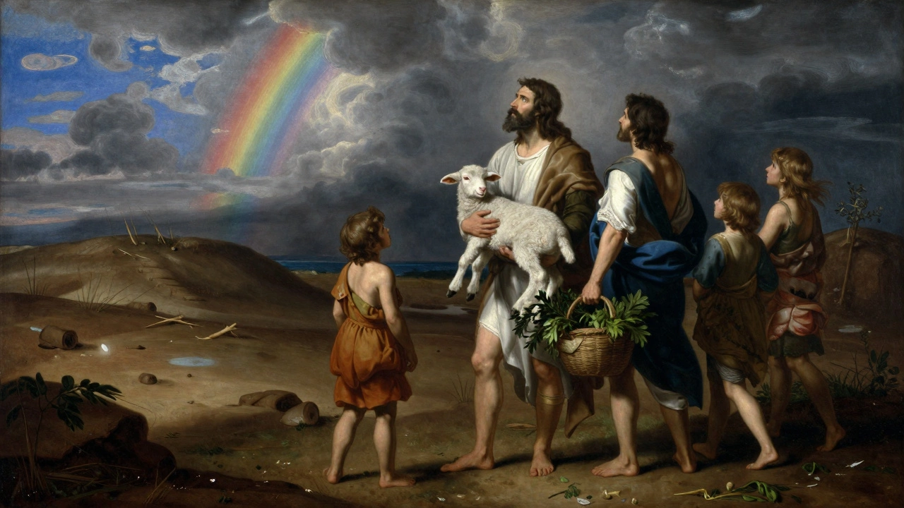 Noah and his family outside the ark after the flood, holding herbs and a lamb.