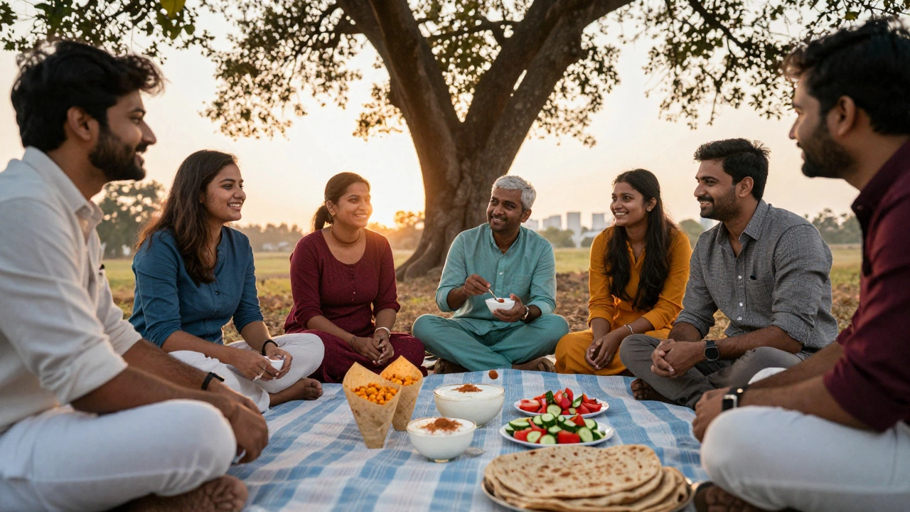 People enjoying healthy Indian snacks like roasted chana and yogurt in a sunny park under a tree.