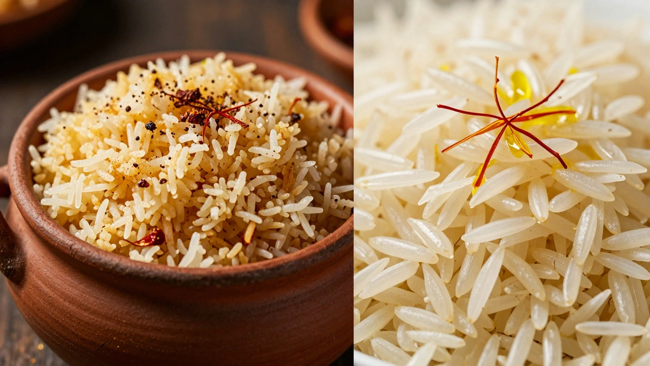 Split image: bad rice on left, perfect basmati on right.
