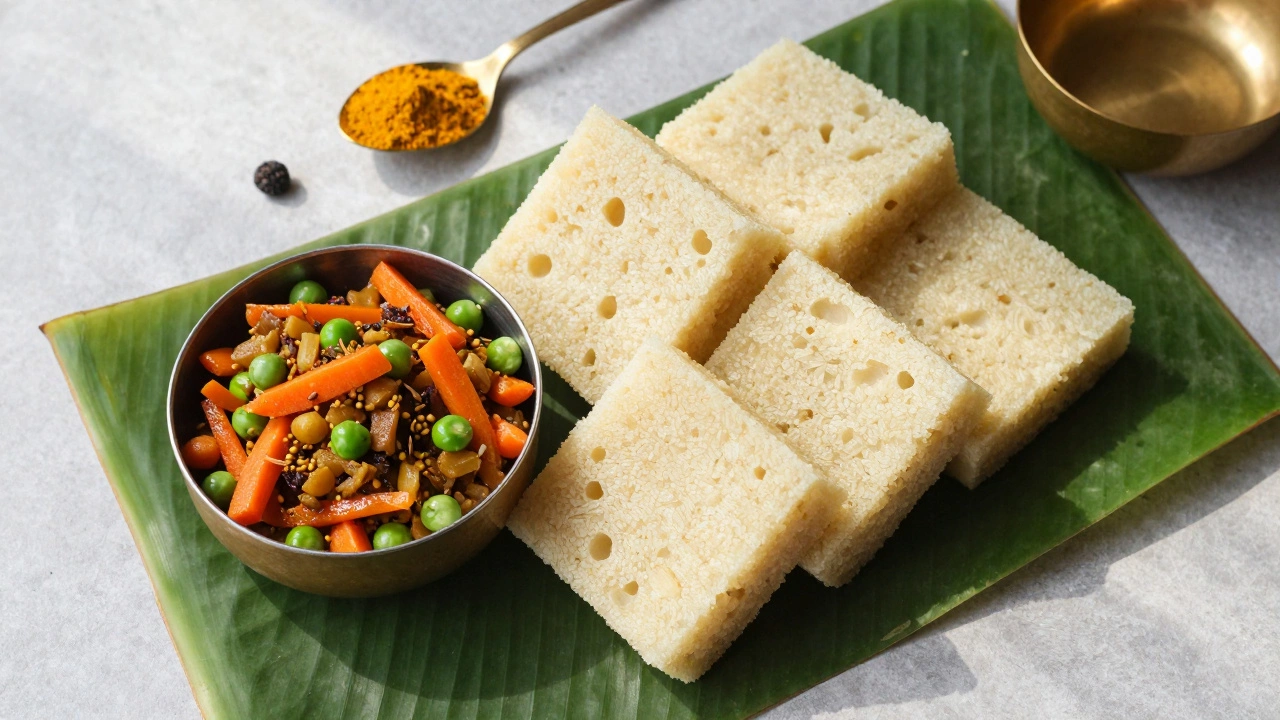 Steamed dhokla and dry vegetable stir-fry served on a banana leaf with spices.
