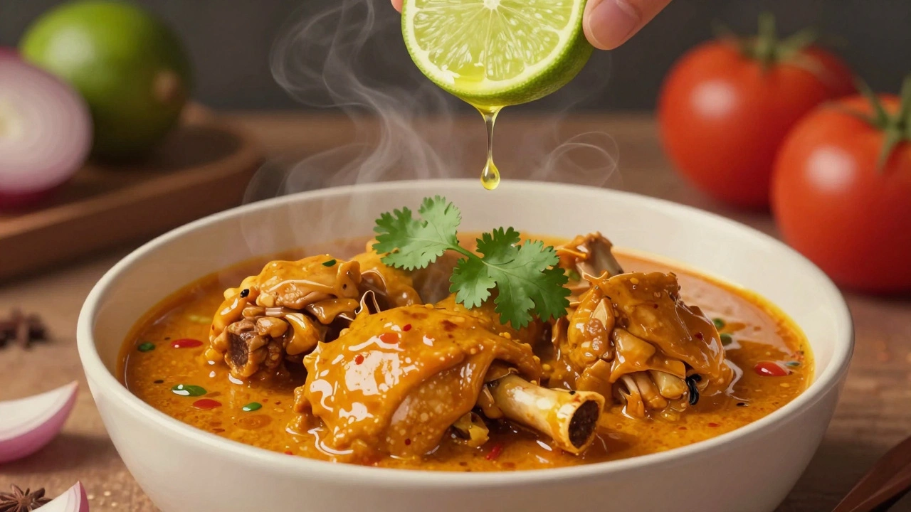 Steaming chicken curry with lime drop falling and cilantro on top.