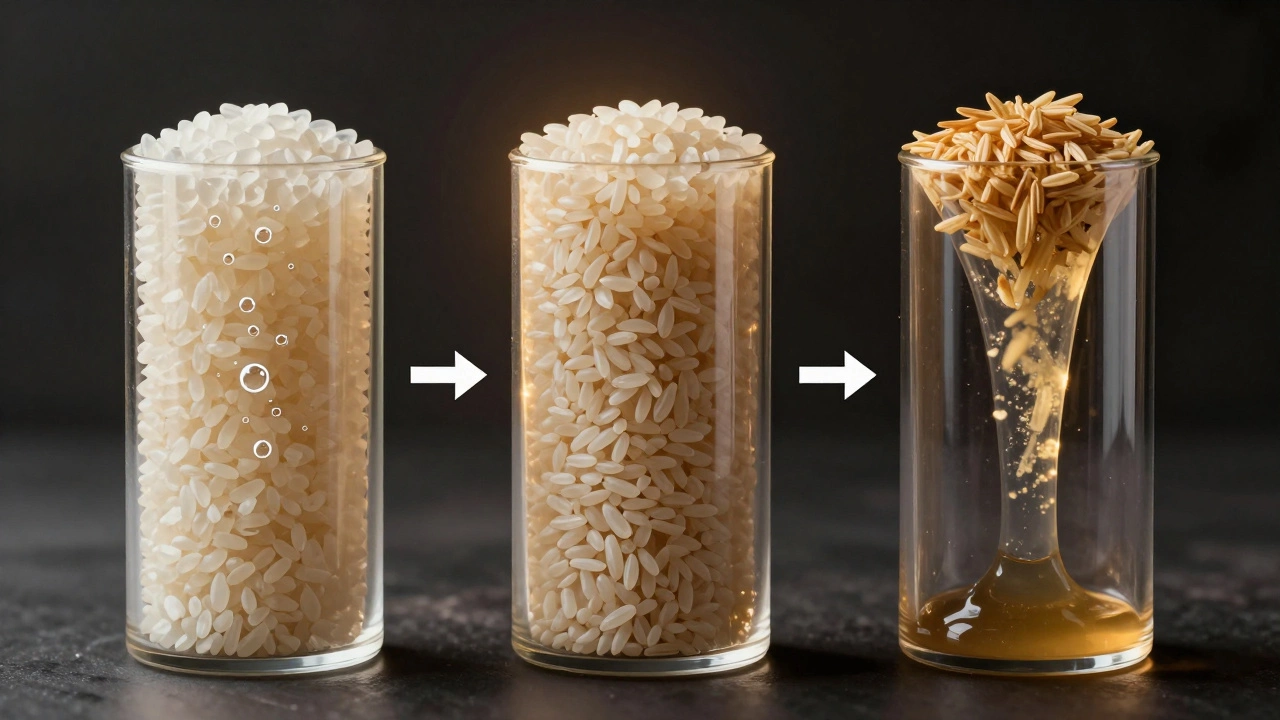 Three rice types in cylinders showing fermentation differences with glowing idli rice