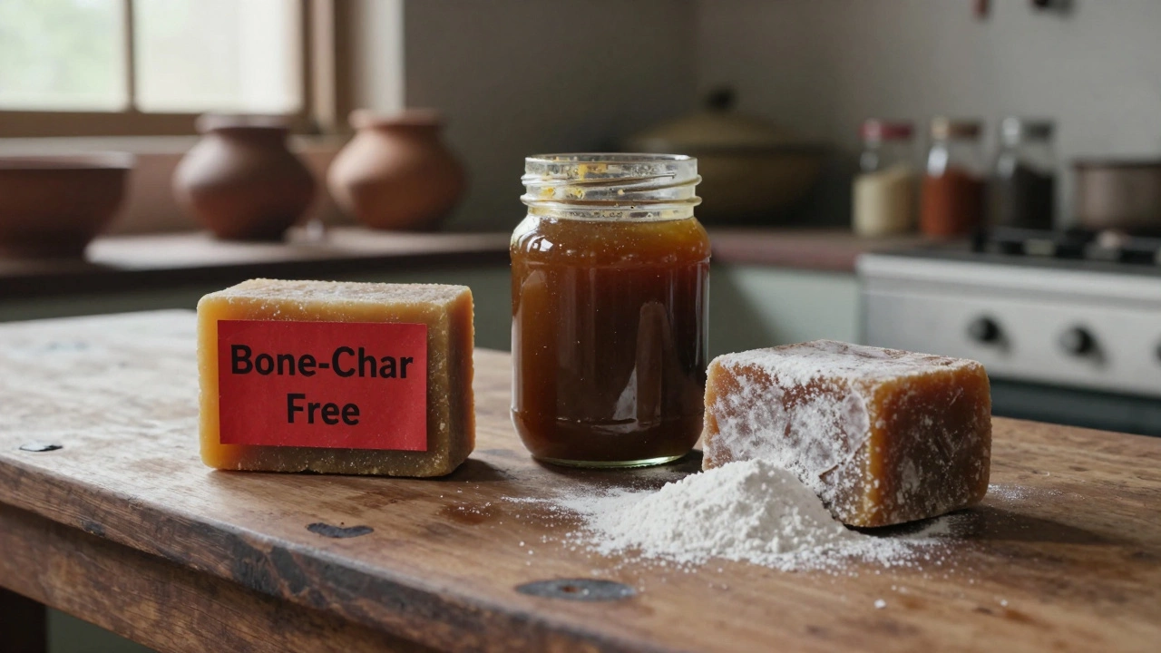 Traditional jaggery blocks with one labeled 'Bone-Char-Free' beside a jar of organic jaggery on a wooden counter.