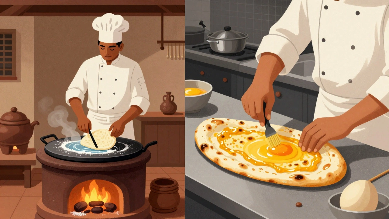 Traditional roti being made beside modern naan with egg wash, contrasting styles.