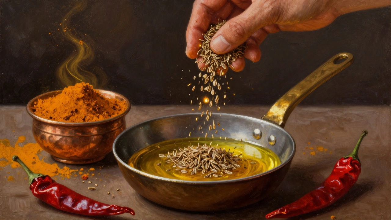 Whole cumin seeds popping in hot ghee as spices release their aroma.