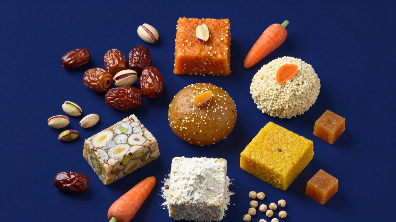 Five healthy Indian sweets arranged in a glowing circular mandala with natural ingredients