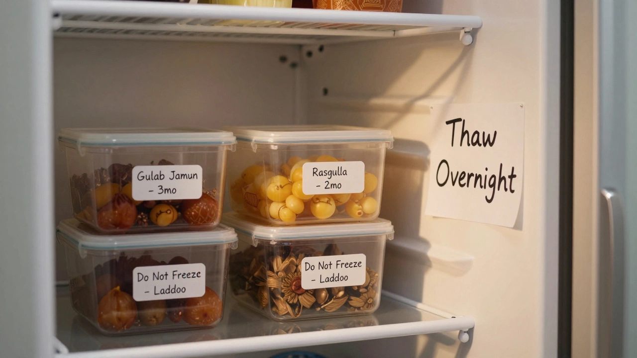 Freezer containers labeled for Indian sweets on a pantry shelf with a thawing note.