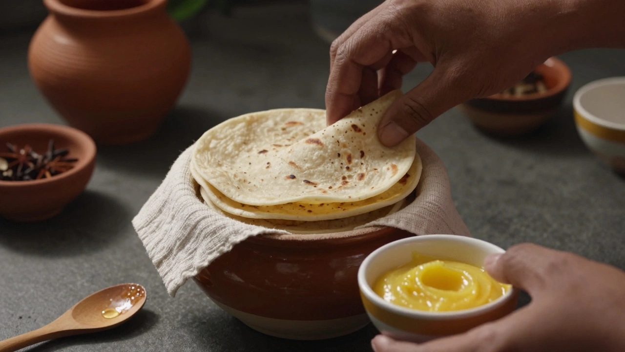 Hand placing rotis into an airtight container lined with a cotton cloth in a traditional kitchen.