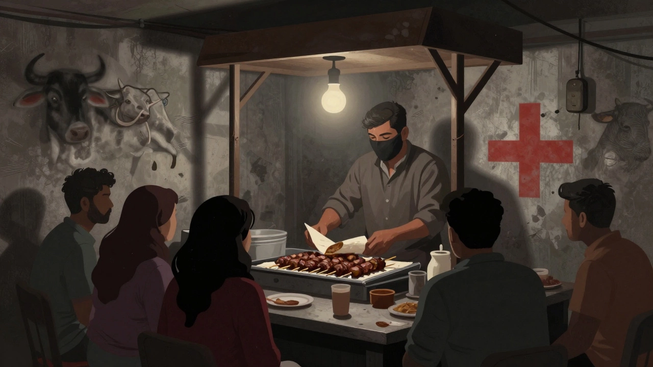 Hidden night stall in Delhi serving undisclosed kebabs under a dim bulb, customers in shadows.