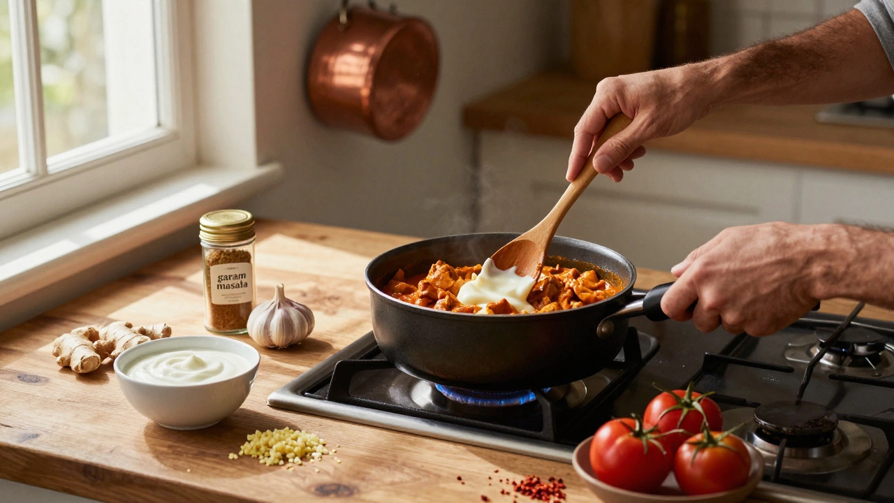 Home cook stirring chicken tikka masala with spices and ingredients on a wooden counter.