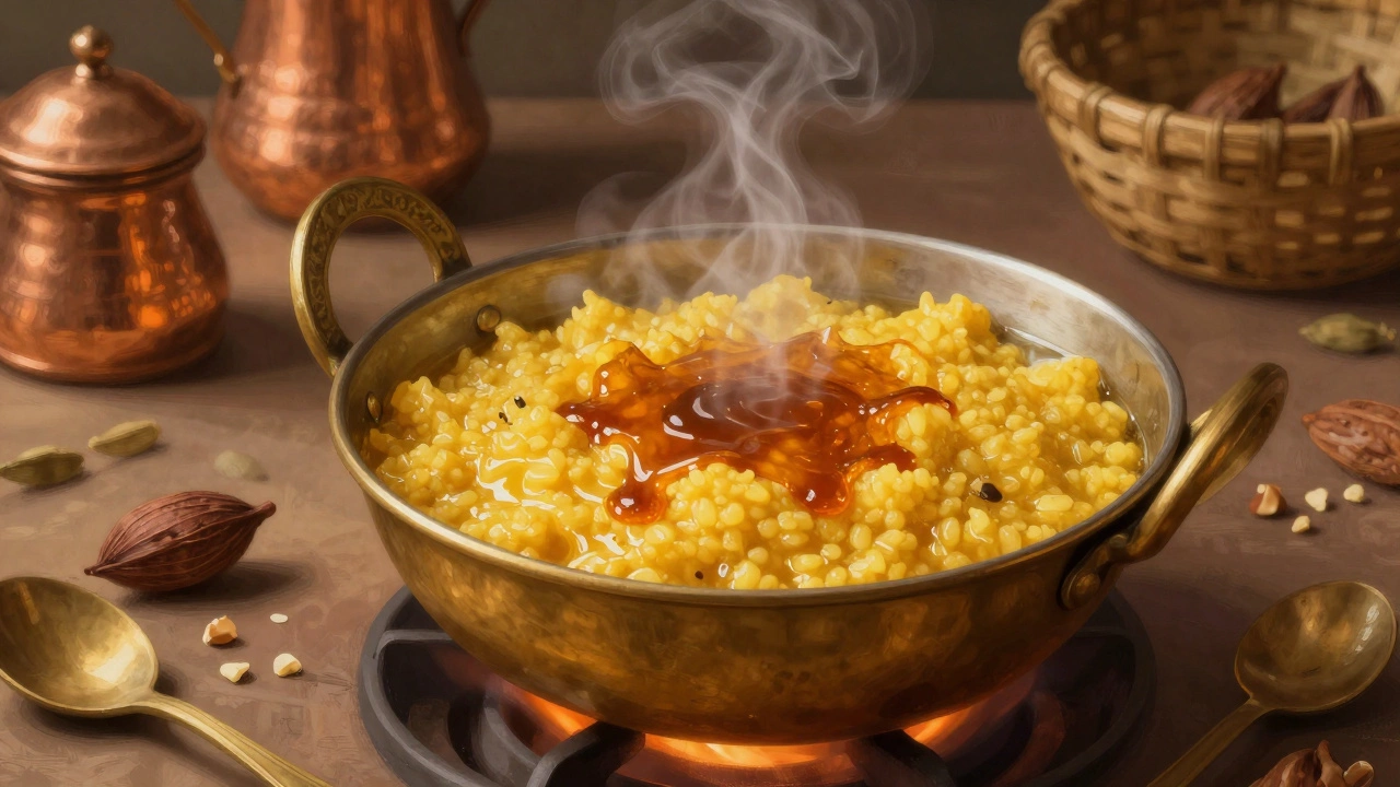 Homemade moong dal halwa stirring in brass pot with steam and nuts nearby