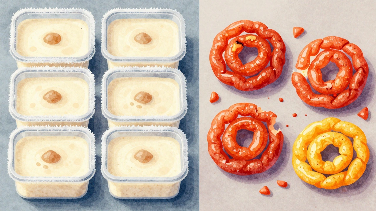 Side-by-side comparison of well-frozen sweets versus ruined ones after freezing.