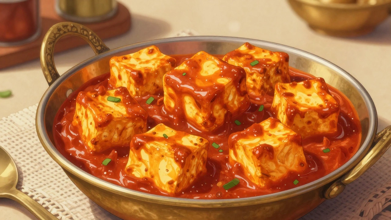 Soft, absorbed paneer cubes in creamy tomato curry beside dry, hard ones on a plate.