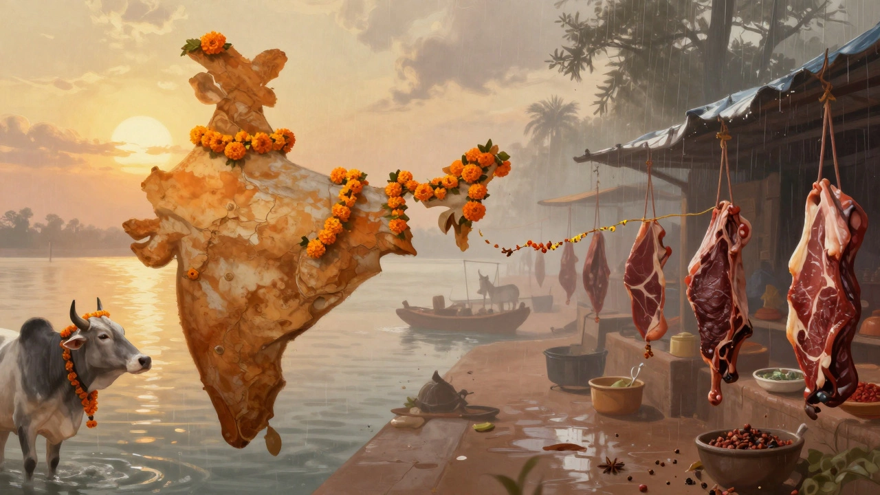 Split image of sacred cows in Varanasi and smoked beef in Nagaland, connected by spice trails.