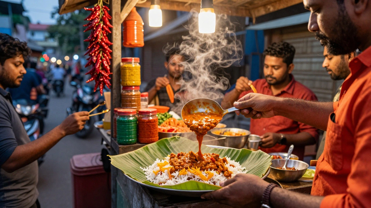 Street vendor serving chana masala over rice at a bustling Indian stall.