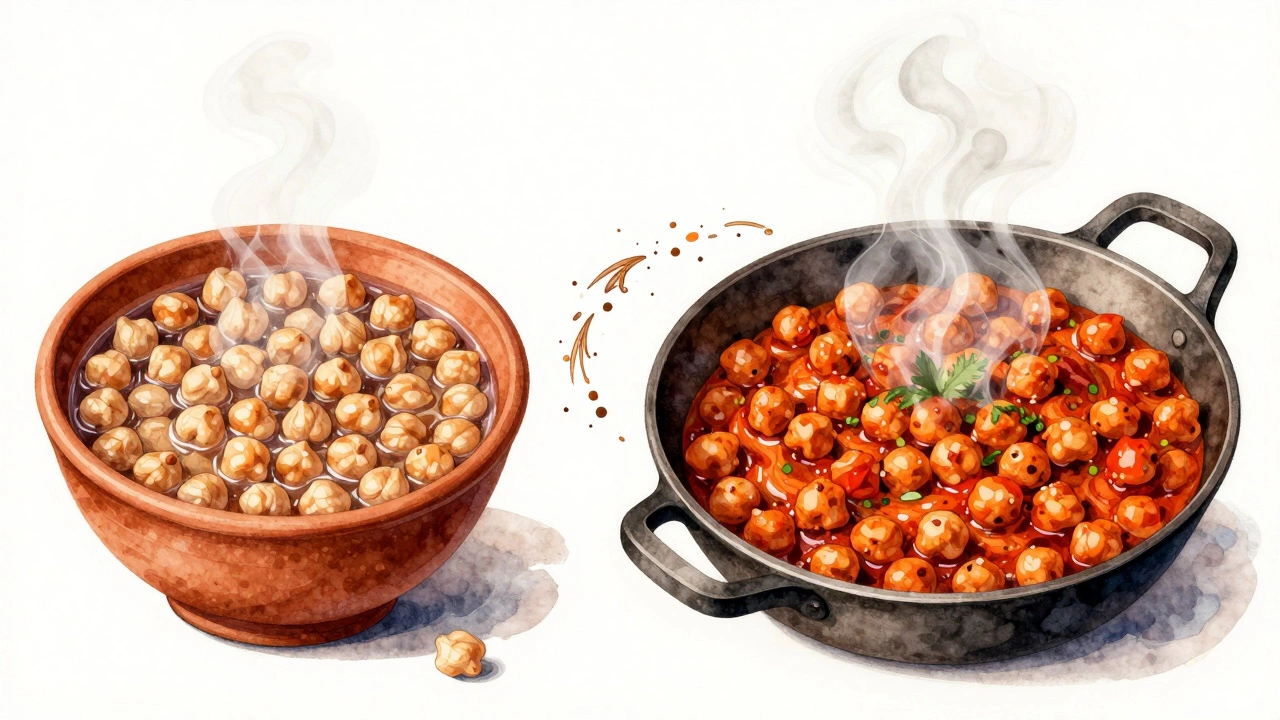 Watercolor split scene: soaked chickpeas transforming into spiced chana masala.