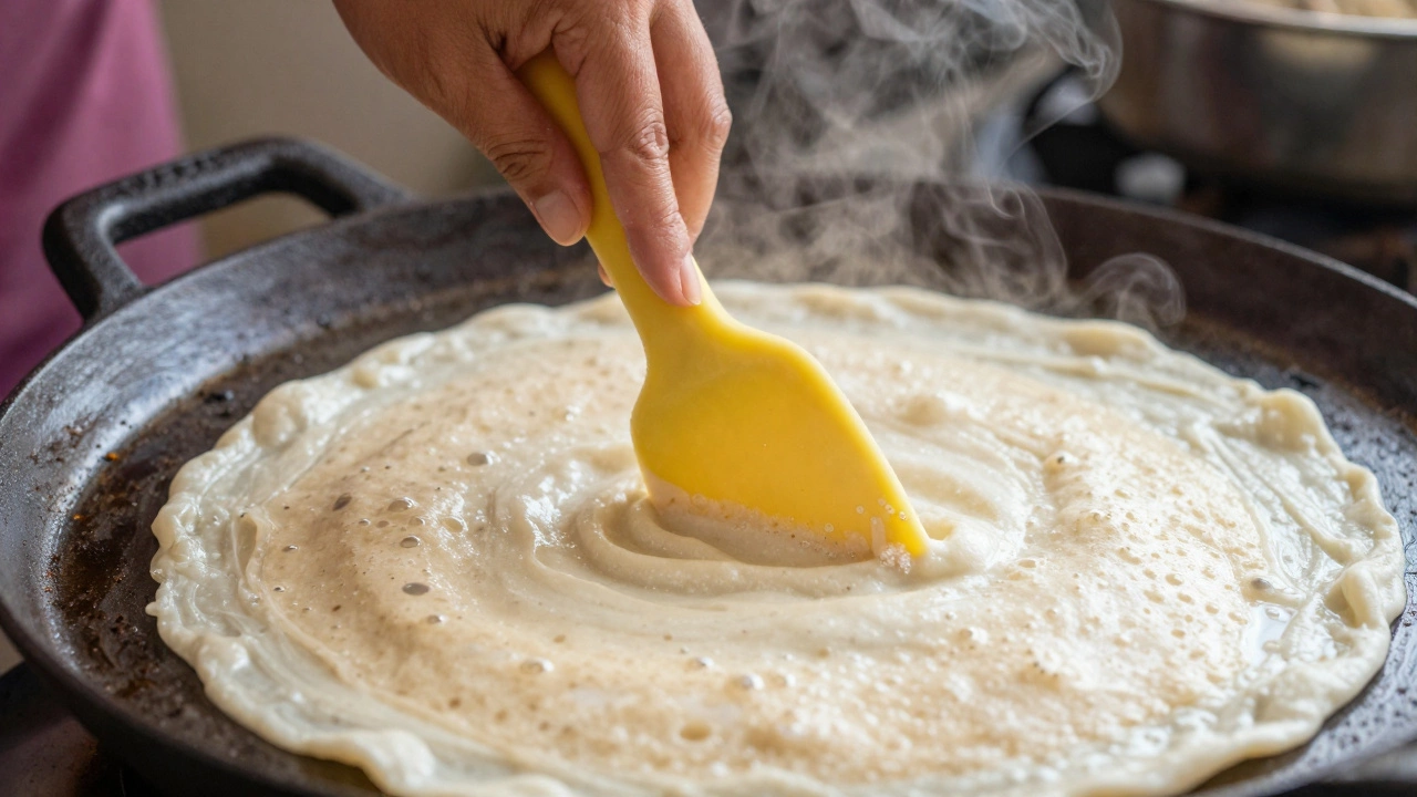 Woman gently folding salt into fermented dosa batter with a spatula, preserving air bubbles.