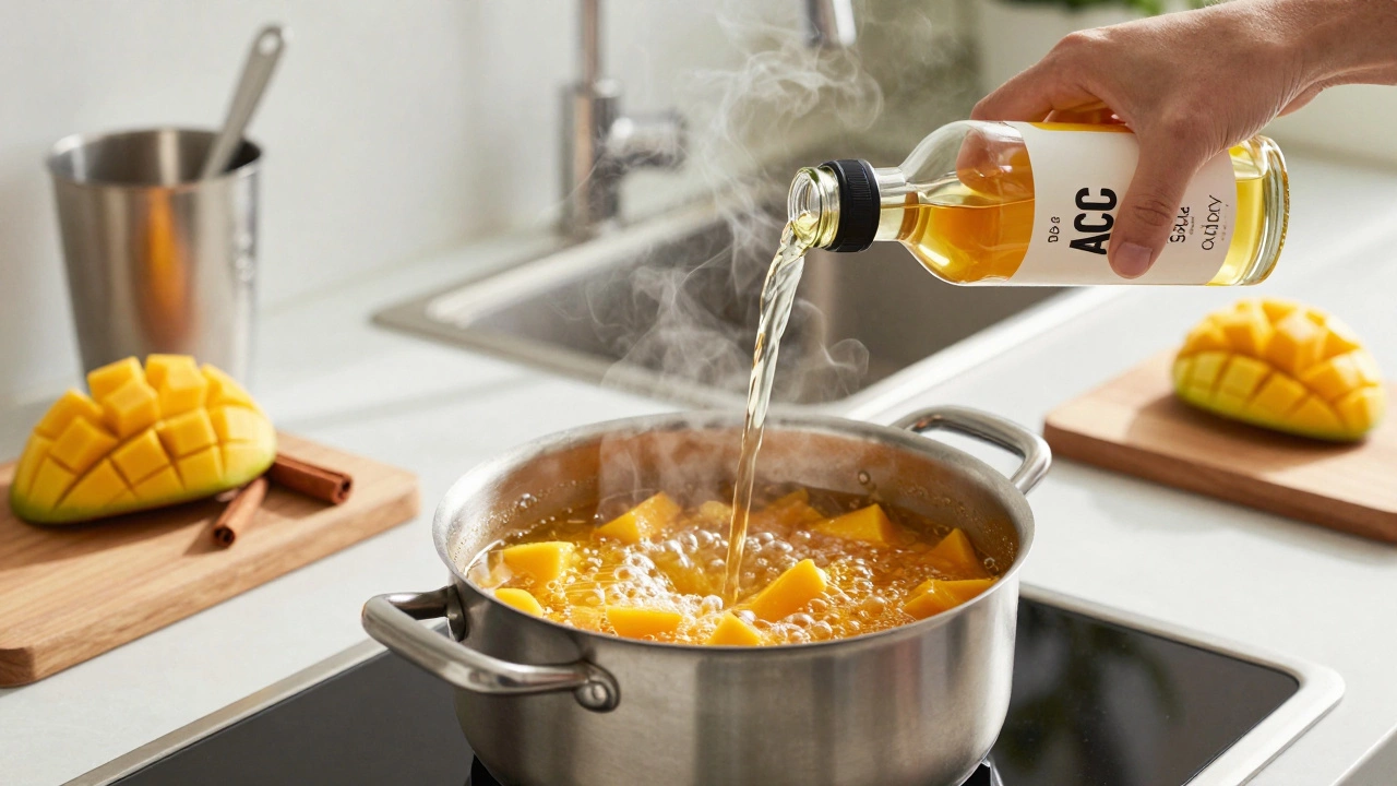 A hand pouring apple cider vinegar into a pot of golden mango chutney with steam rising and fresh fruit visible.