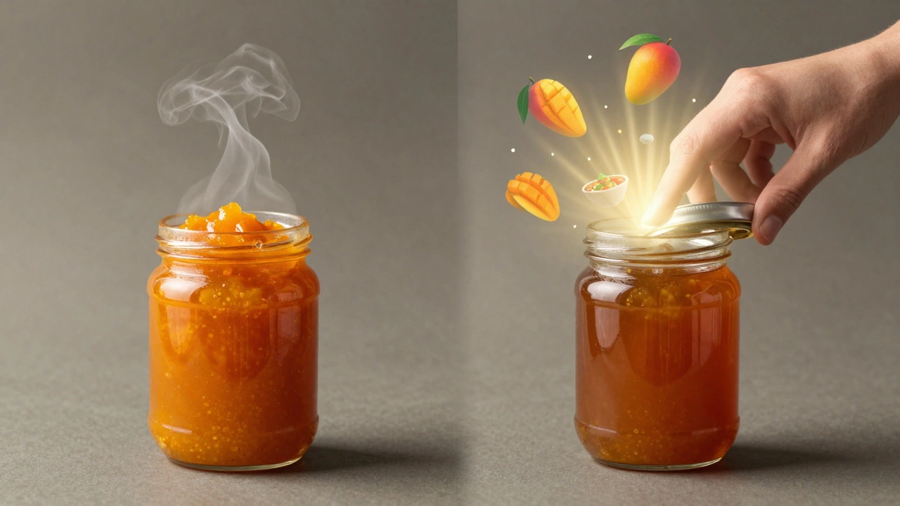 A jar of chutney transforming from bright orange to deep amber, symbolizing preserved flavor over time.