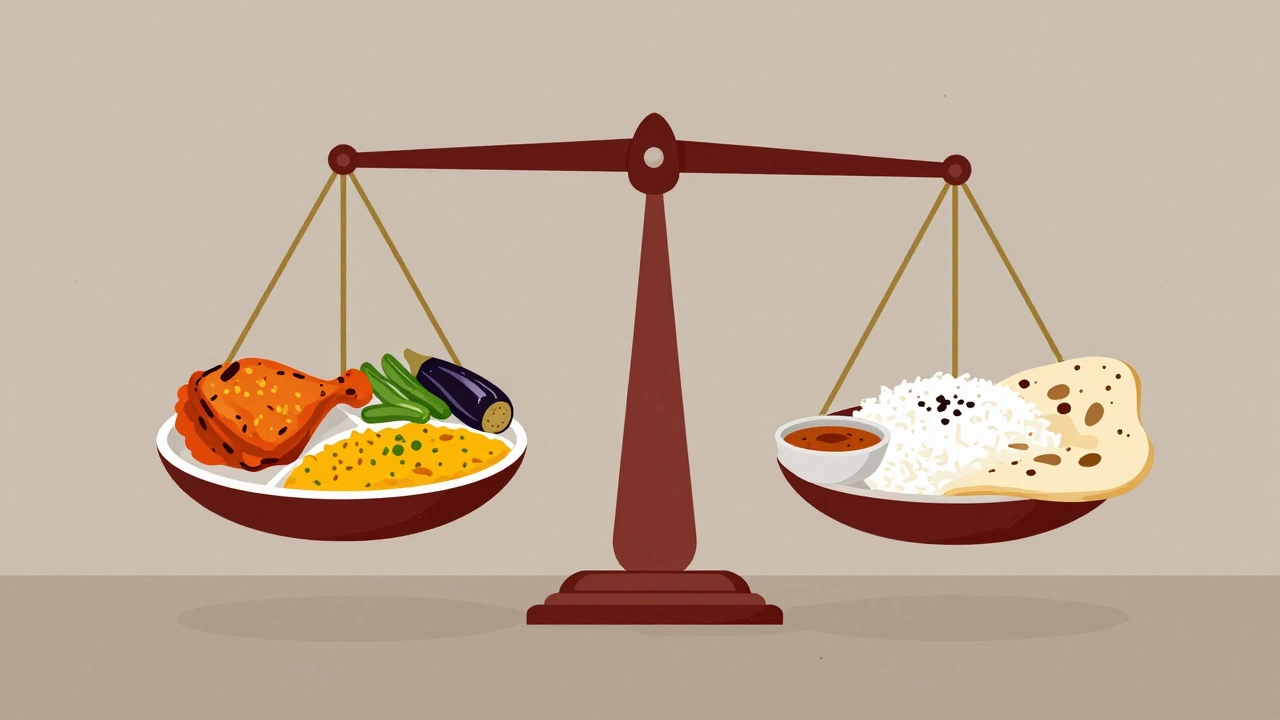 Balanced Indian meal with healthy foods on one side and sugary carbs sinking, symbolizing blood sugar control.