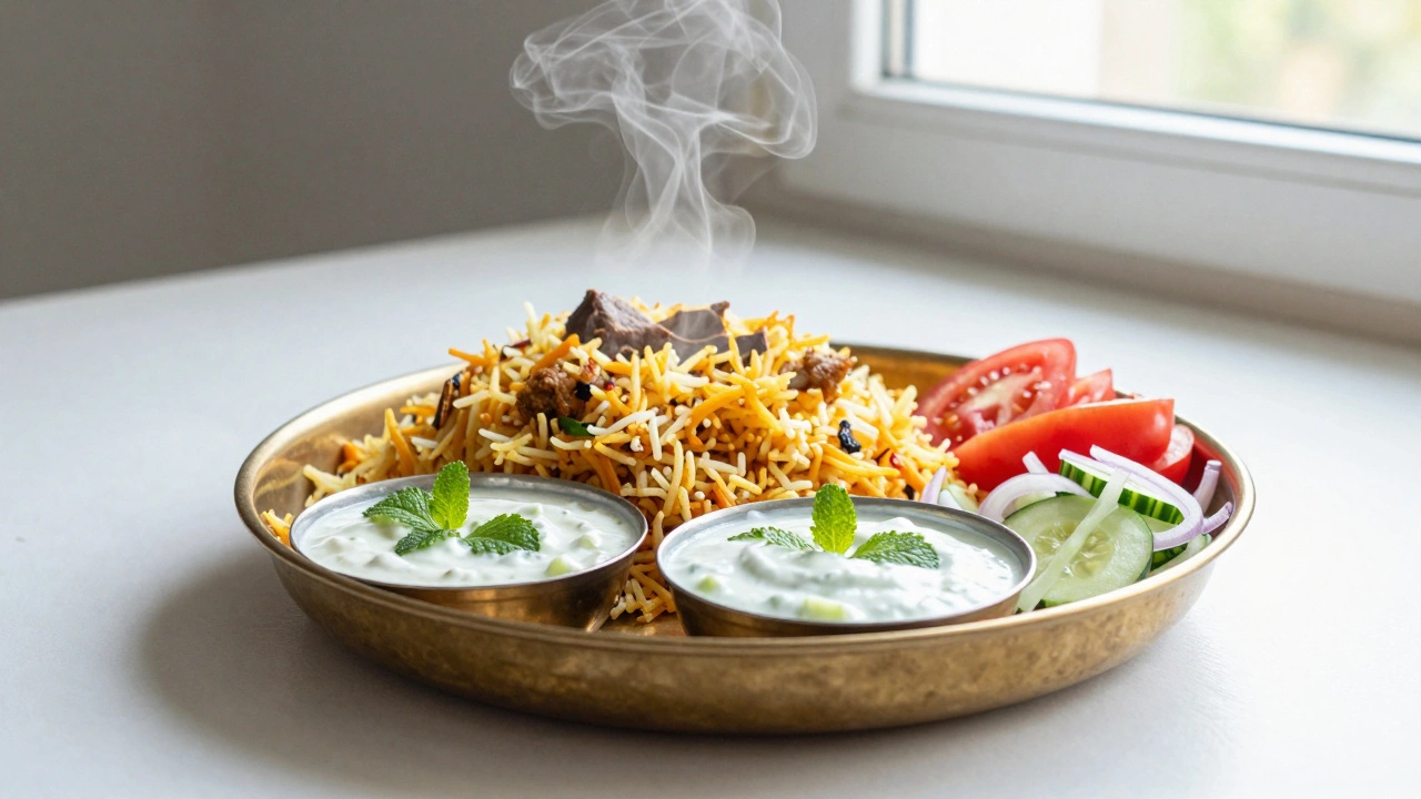 Biryani with raita and kachumber side dishes