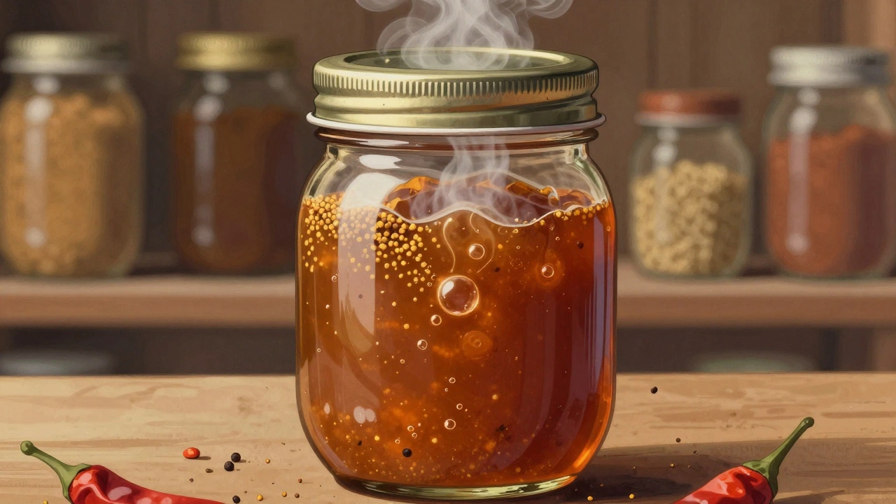 Cross-section of a sealed chutney jar showing vacuum seal and steam escaping as it cools.