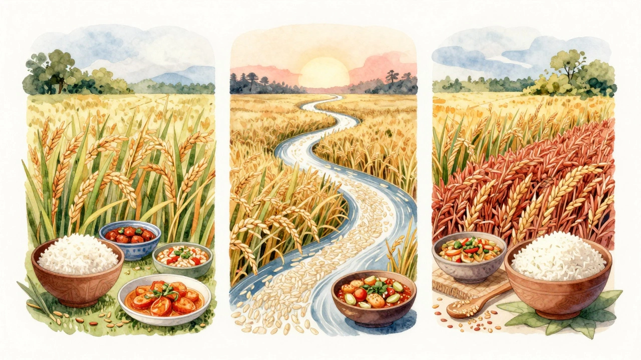 Diverse regional Indian rice varieties connected by a flowing river of grains.
