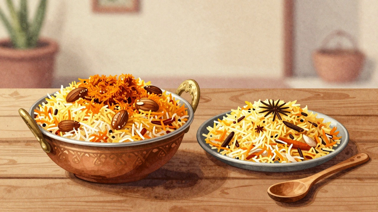 Hyderabadi and Lucknowi biryani on wooden table