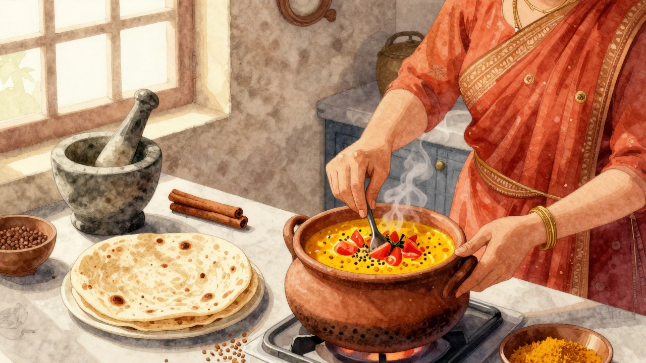 Woman cooking vegetable dal in a clay pot with turmeric and cumin, whole wheat roti and spices nearby.