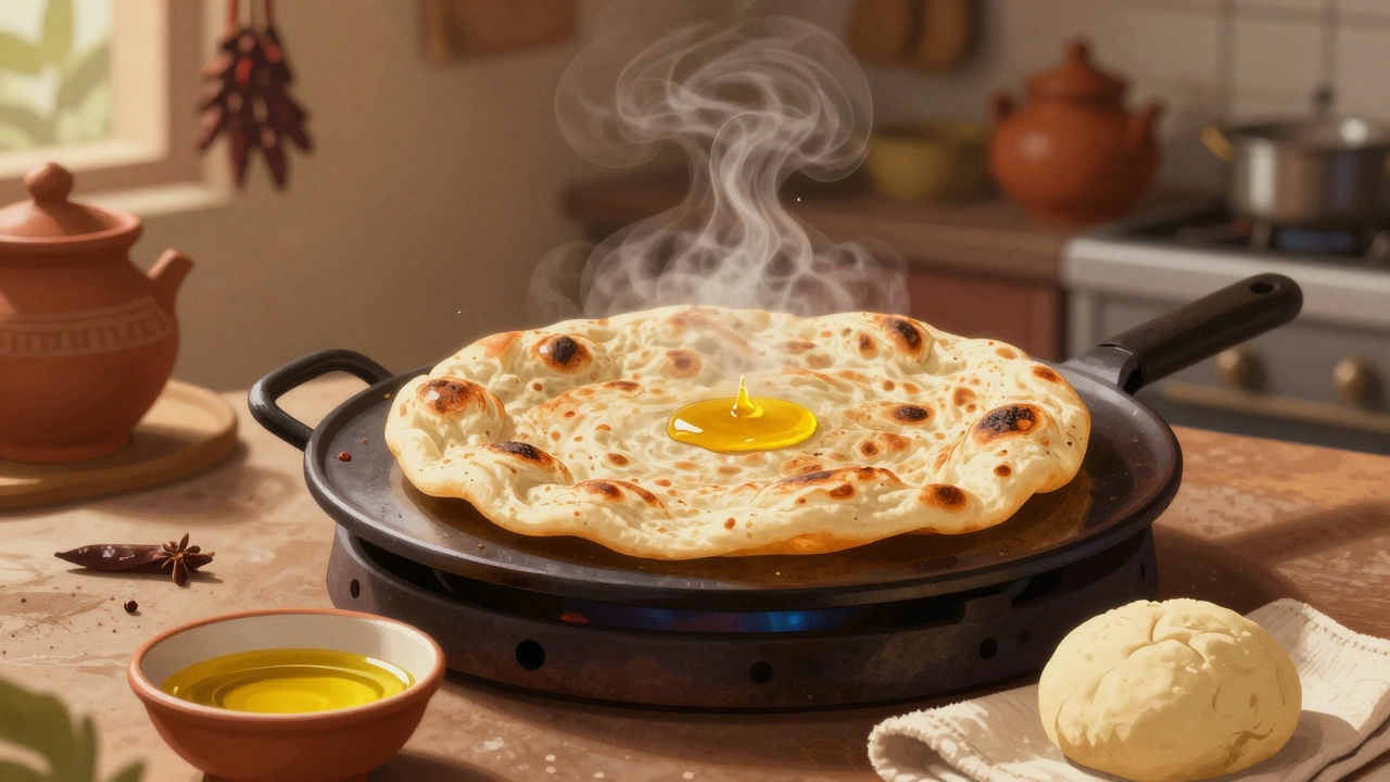 A fluffy roti puffing up on a hot tawa with a drop of ghee glistening on top.