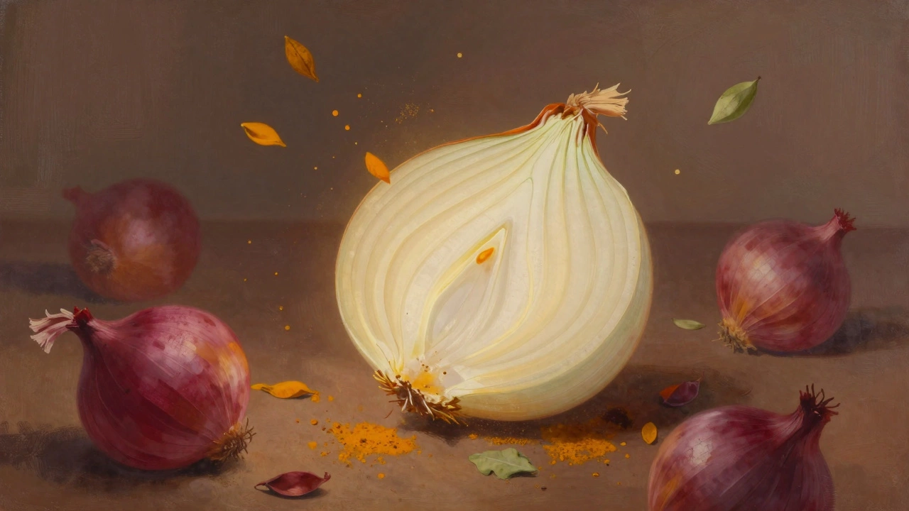 A white onion glowing with golden layers, surrounded by floating spices, while red onions fade into shadow.