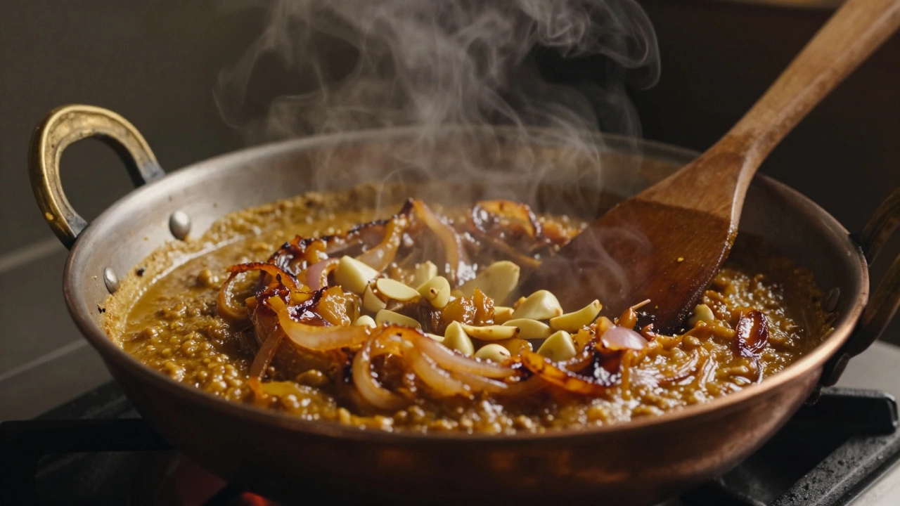 Caramelized onion and ginger paste cooking in pan