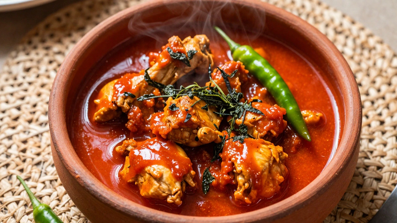 Clay bowl of curry with red oil separating at edges