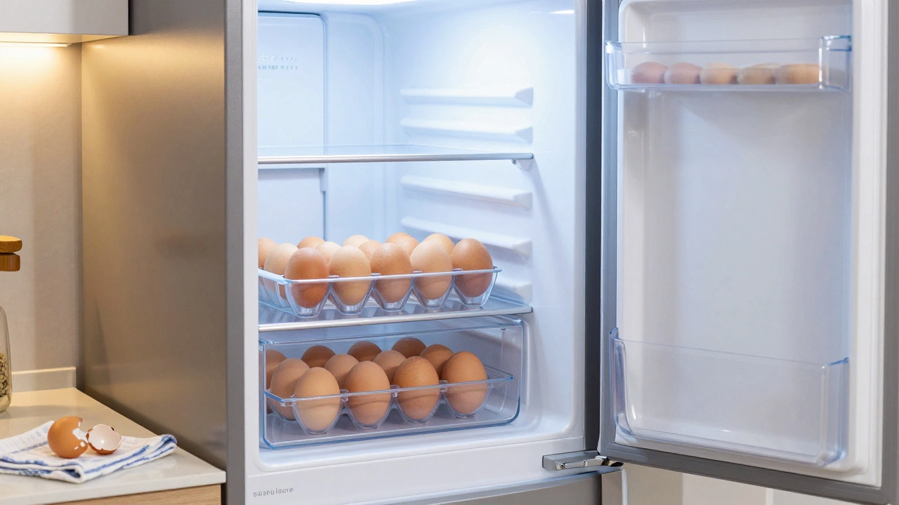 Eggs stored safely in a refrigerator carton inside a home kitchen.