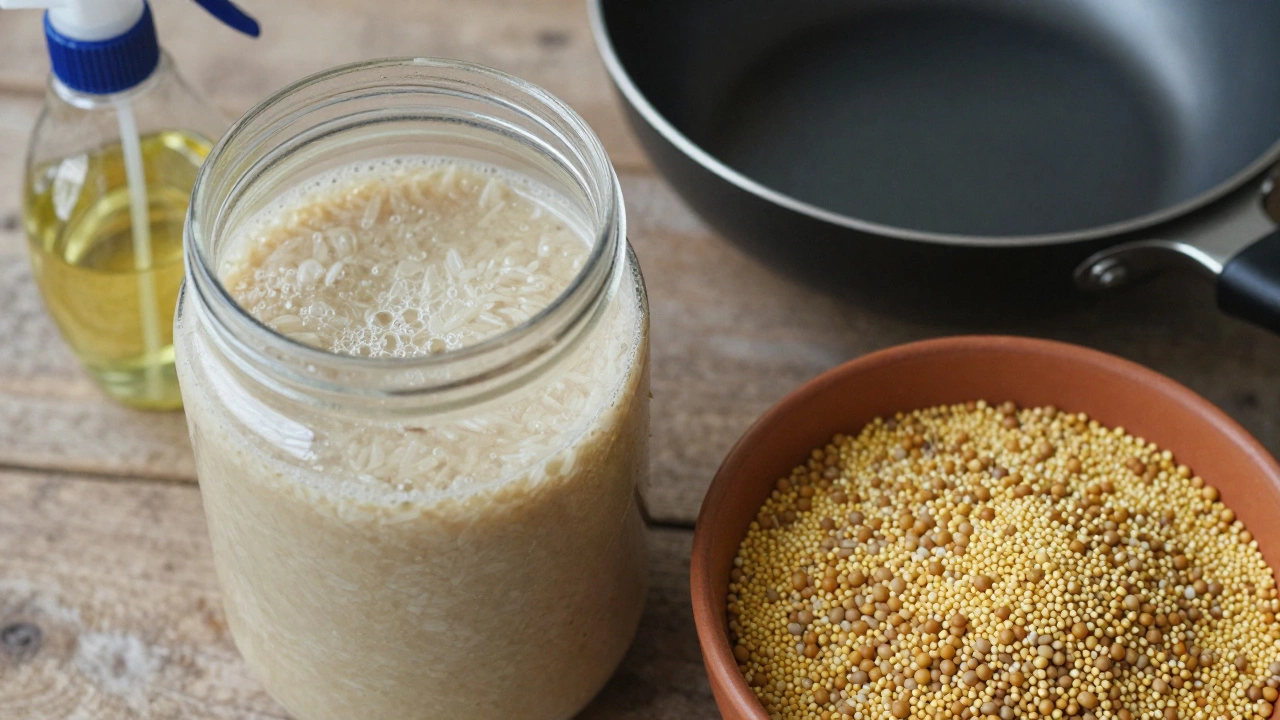 Fermenting batter in a jar with brown rice, millet, and chana dal nearby, symbolizing a healthier recipe.