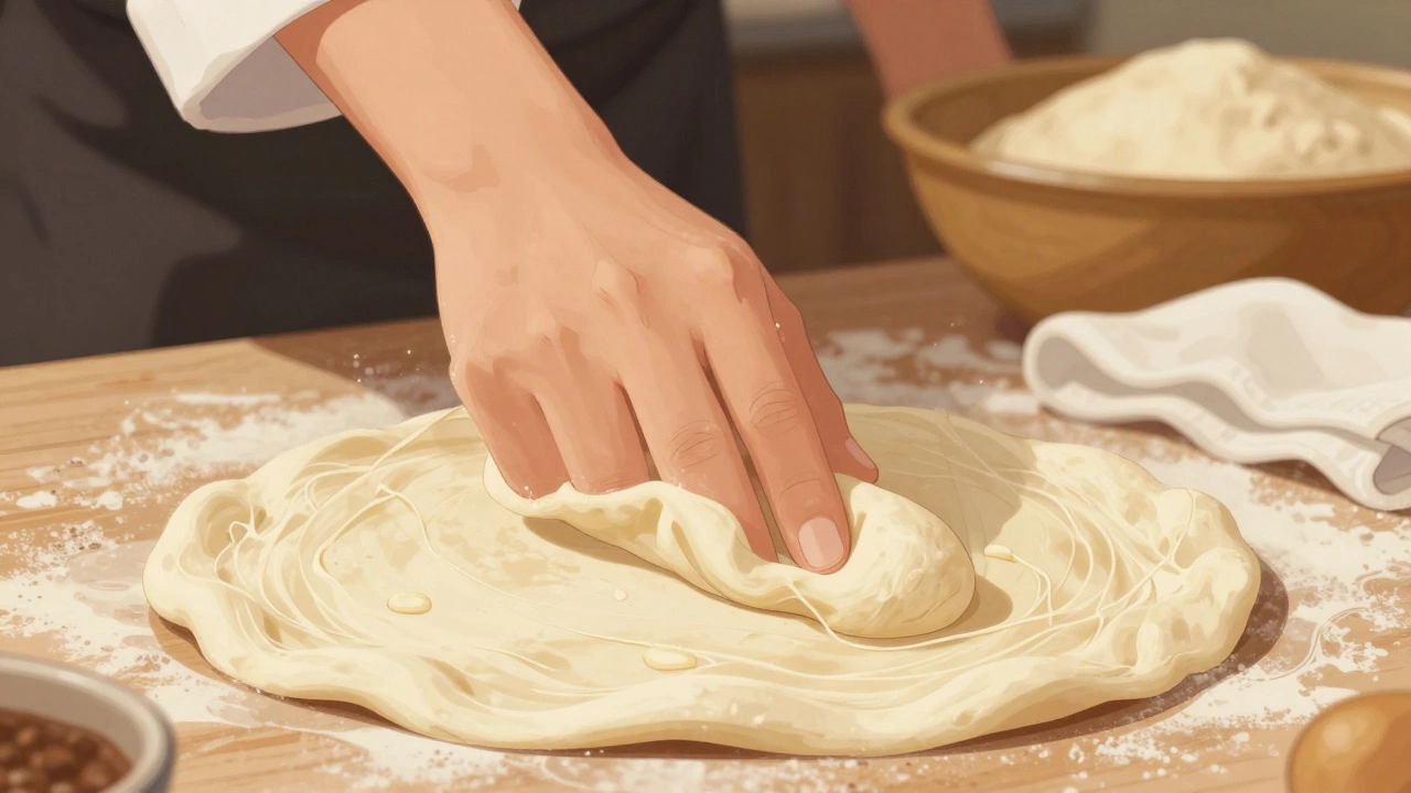 Finger pressing soft dough that springs back slowly, showing perfect gluten development.