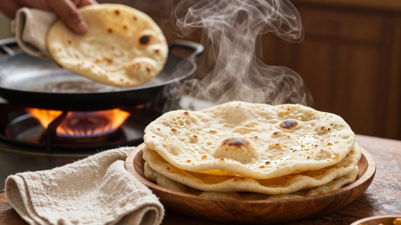 Freshly cooked chapatis puffing over a flame, stacked and covered to retain softness.