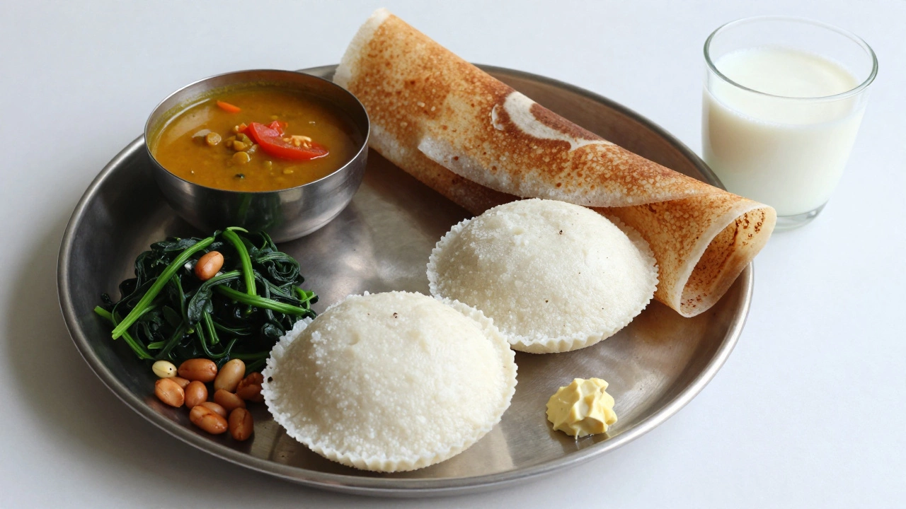 Healthy breakfast plate with idli, dry dosa, sambar, tomato chutney, spinach, and peanuts on a steel thali.