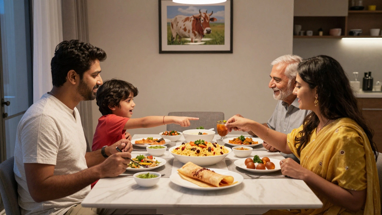 Modern Indian family sharing a vegetarian meal with biryani, paneer, and dessert, cow image on wall.