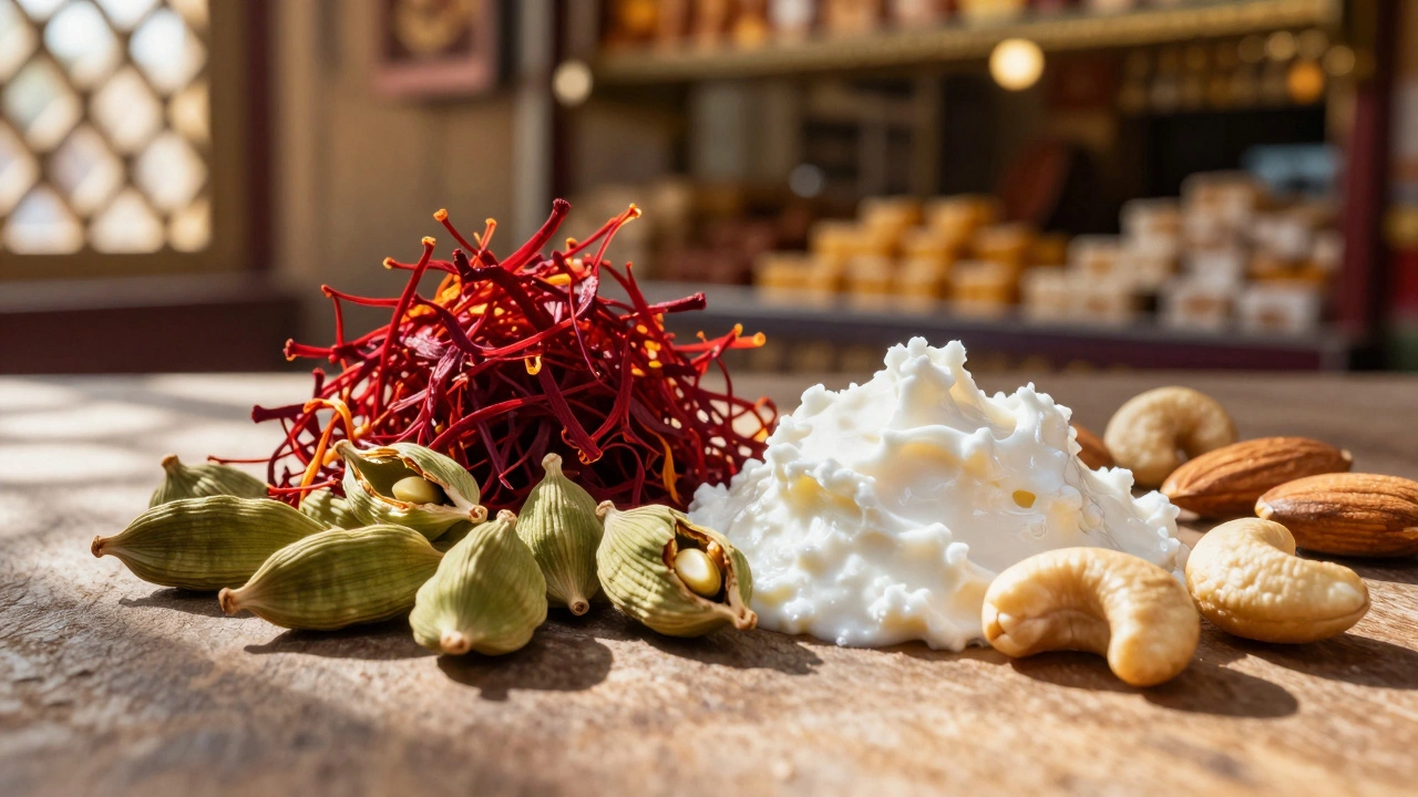 Premium raw ingredients like saffron, khoya, and cardamom arranged.