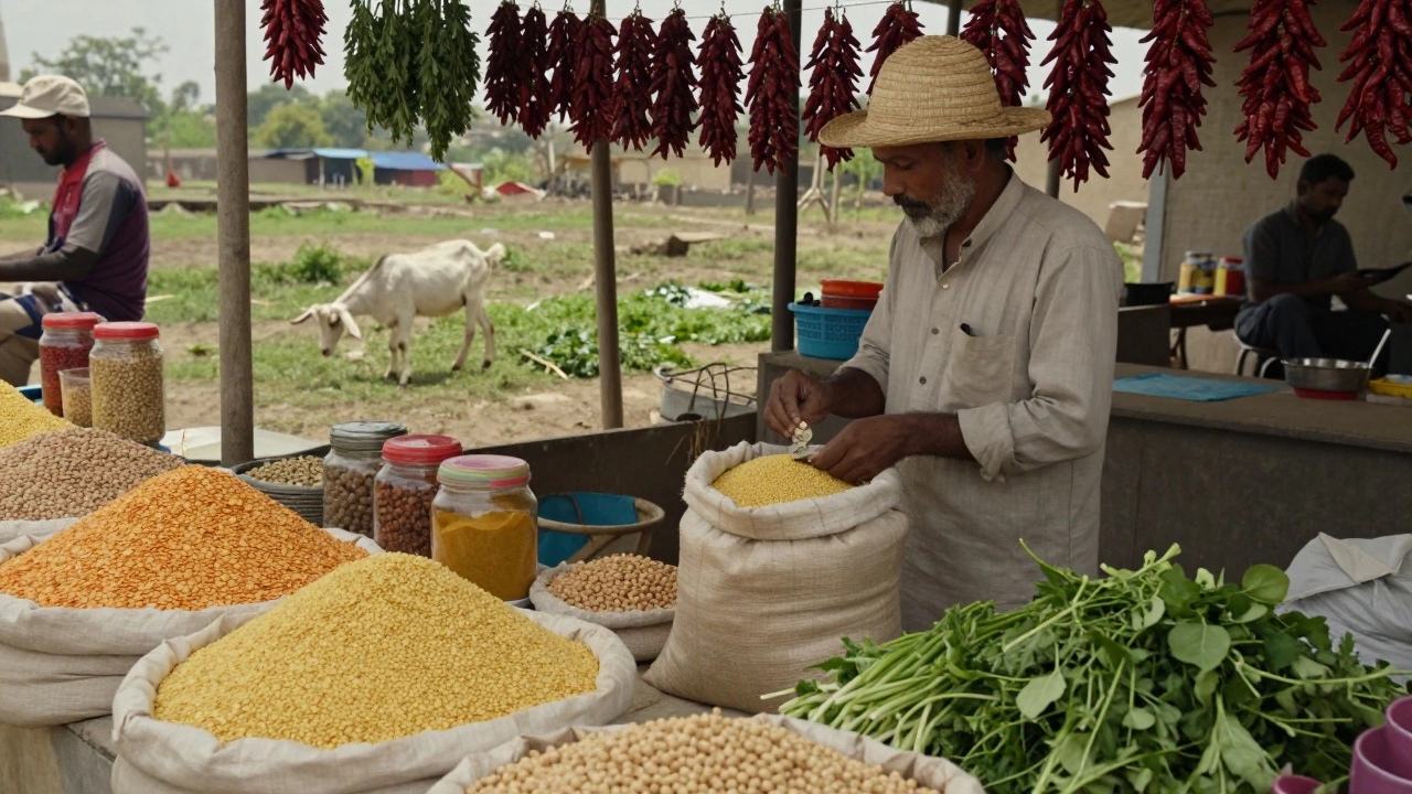 Rural Indian market with lentils, spices, and a grazing goat, symbolizing livestock for milk and labor.