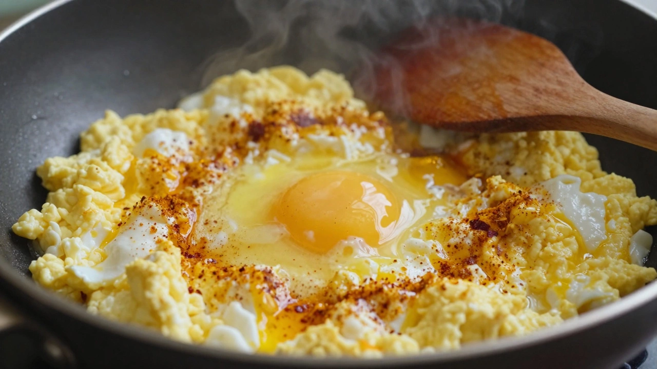 Scrambled eggs cooking in a pan with spices and steam rising.