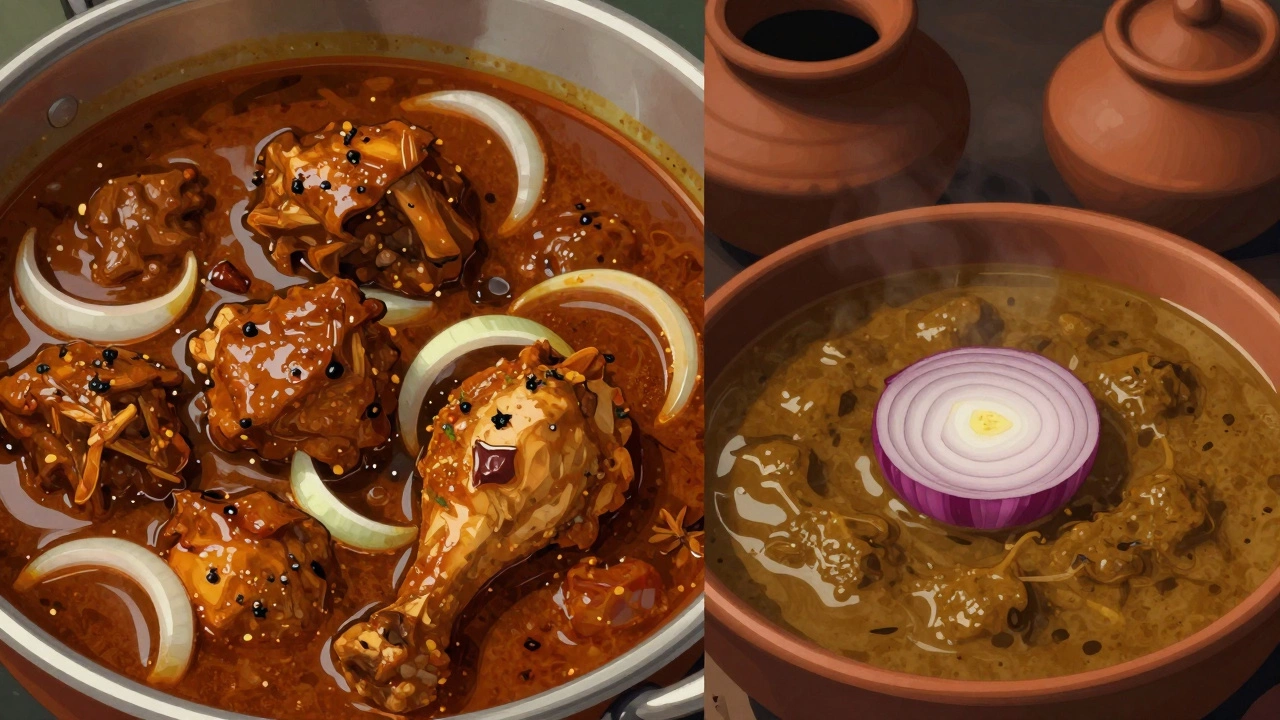Side-by-side comparison of chicken curry made with white onions versus red onions, showing texture differences.